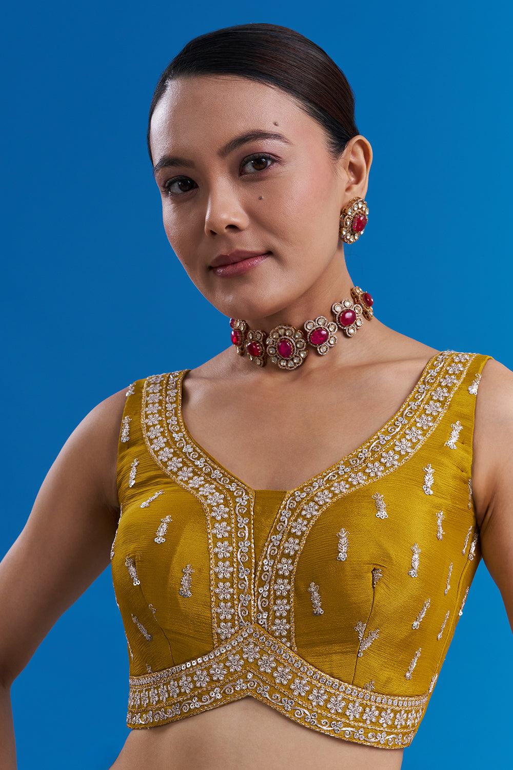 Mustard Yellow Pure Chiffon Saree with Sequin Embroidery And Stitched Blouse