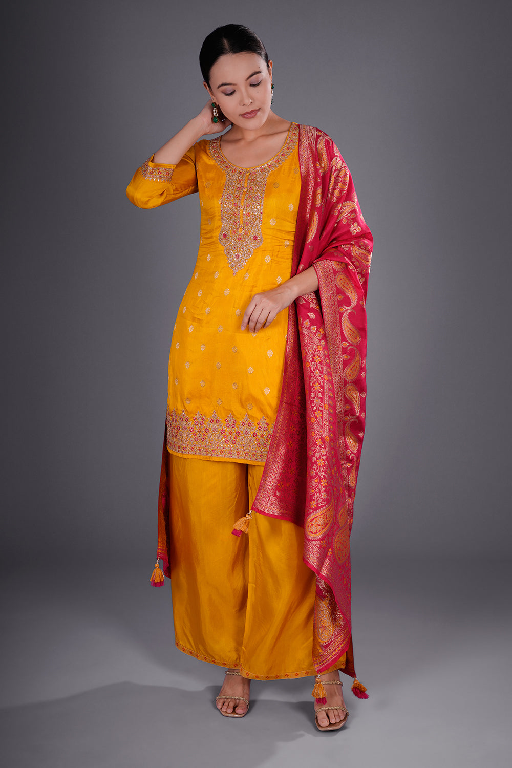 Mustard Yellow Pure Dupion Silk Kurta Set with Resham Embroidery