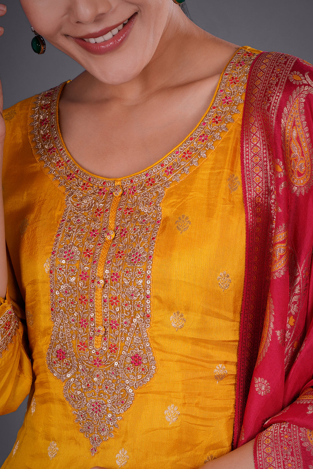 Mustard Yellow Pure Dupion Silk Kurta Set with Resham Embroidery