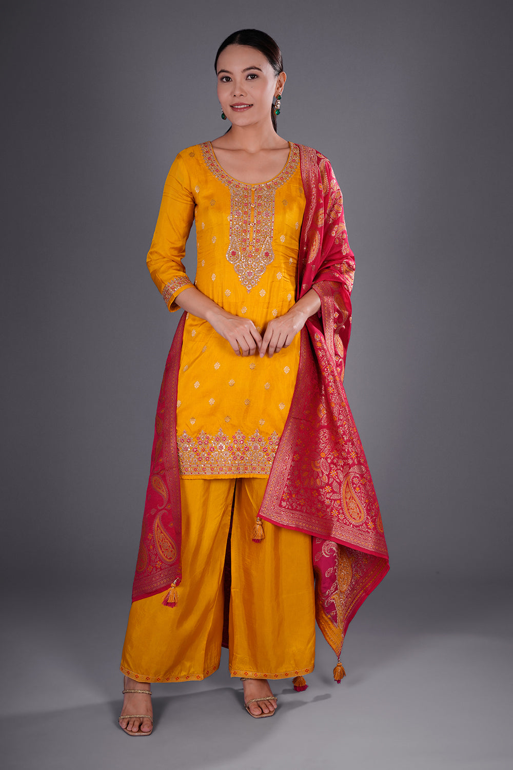 Mustard Yellow Pure Dupion Silk Kurta Set with Resham Embroidery