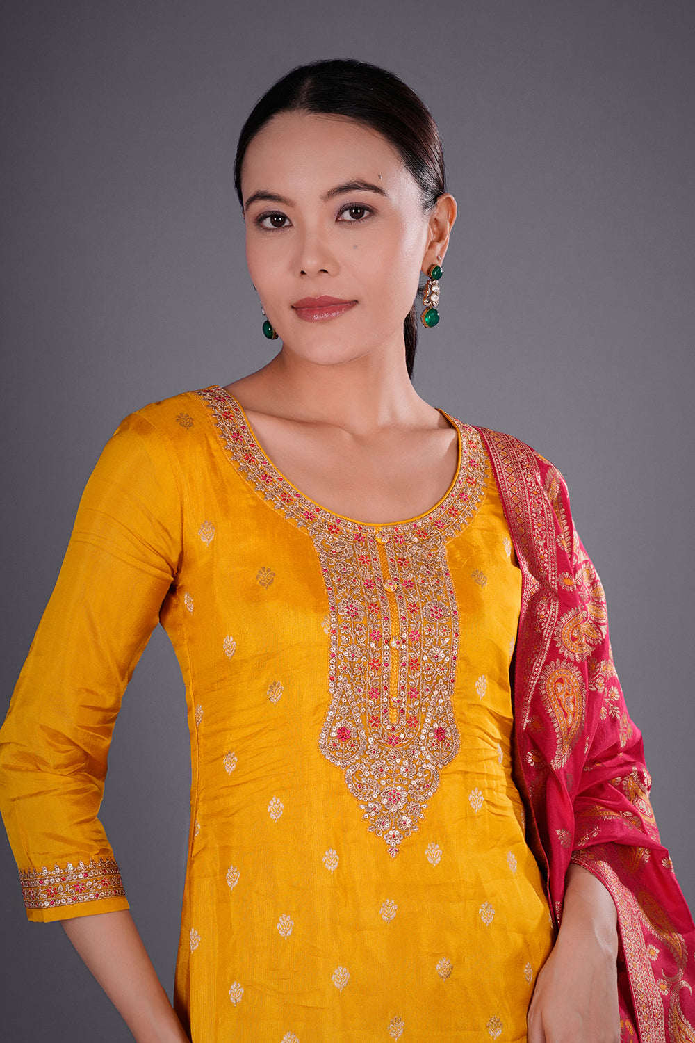 Mustard Yellow Pure Dupion Silk Kurta Set with Resham Embroidery