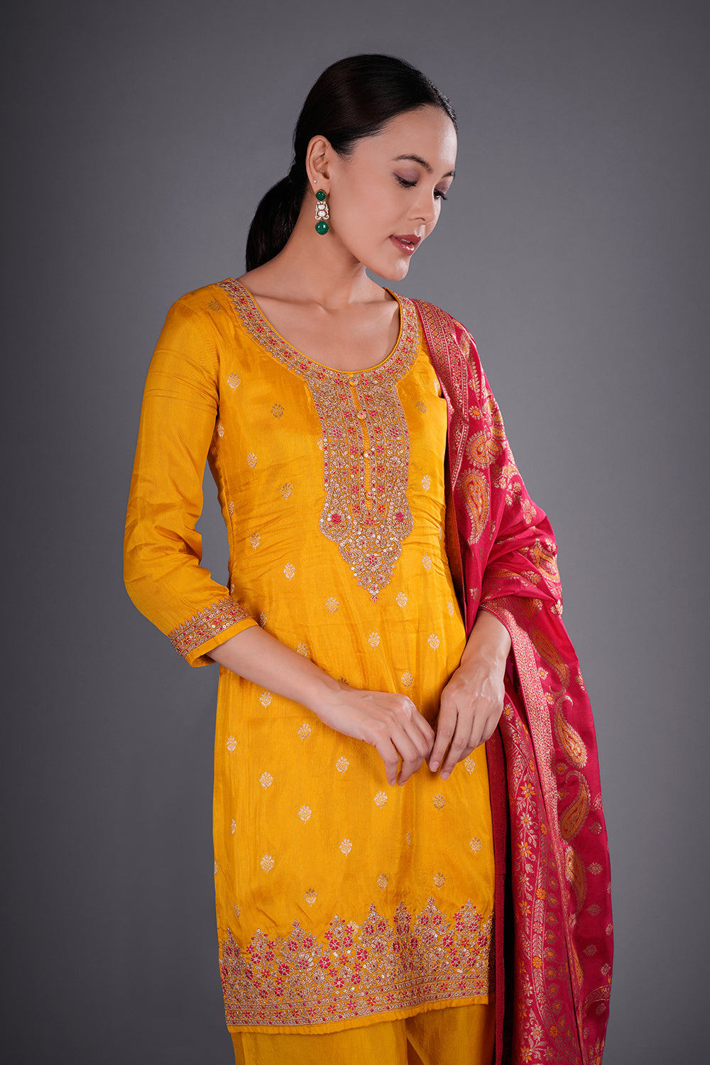 Mustard Yellow Pure Dupion Silk Kurta Set with Resham Embroidery
