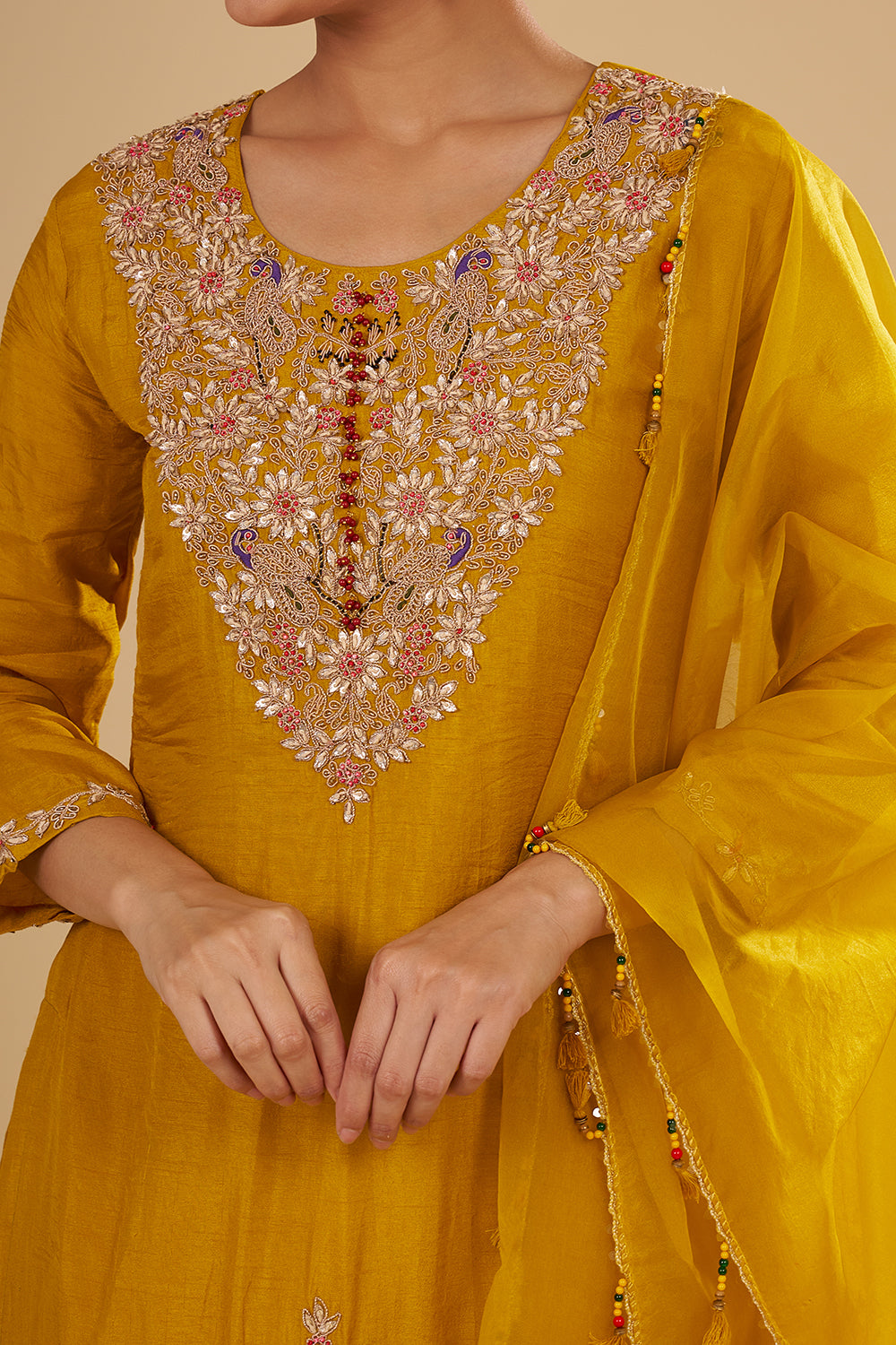 Mustard Yellow Pure Raw Silk Short Kurta Set with Resham, Gota Patti and Zardosi Hand Work