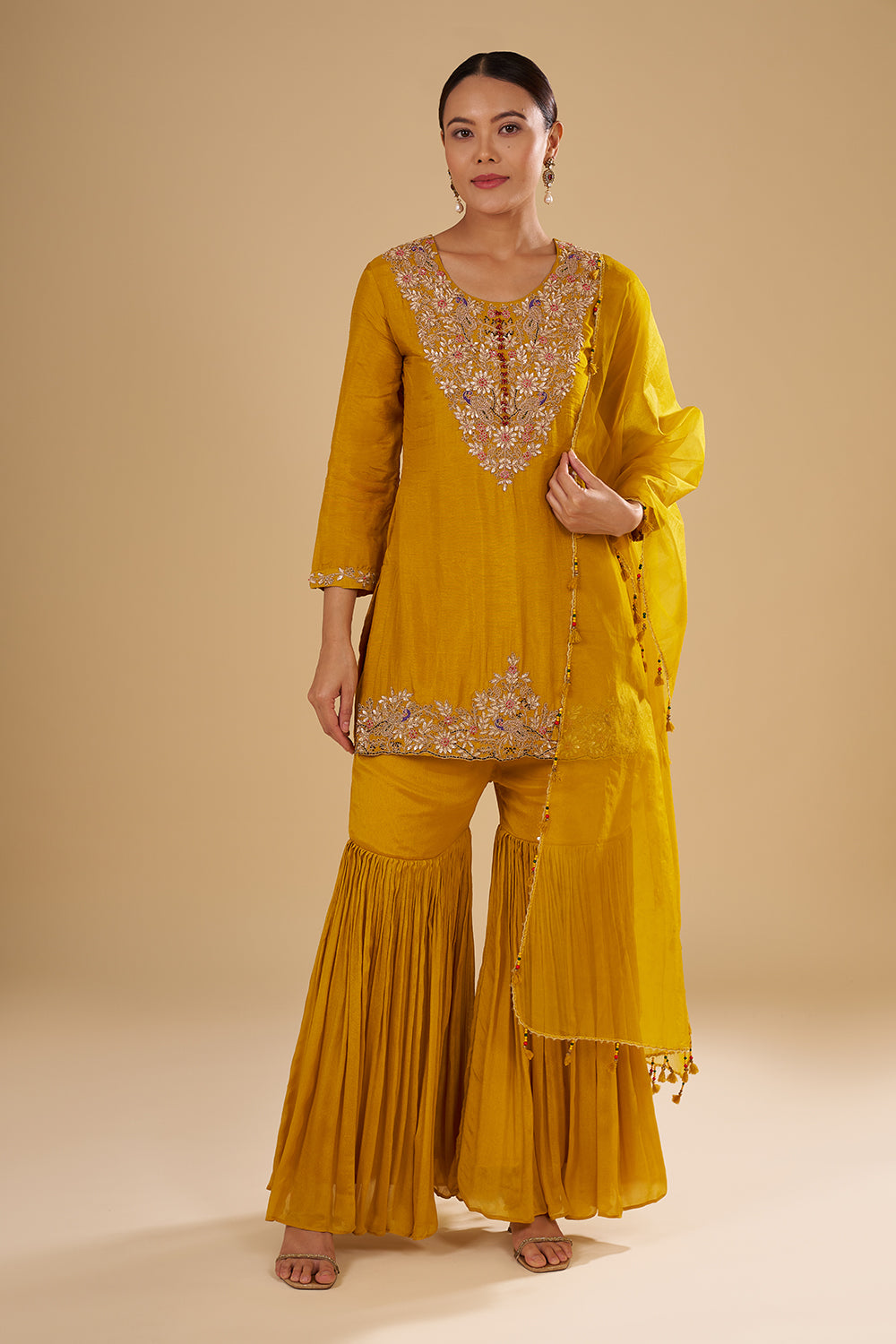 Mustard Yellow Pure Raw Silk Short Kurta Set with Resham, Gota Patti and Zardosi Hand Work