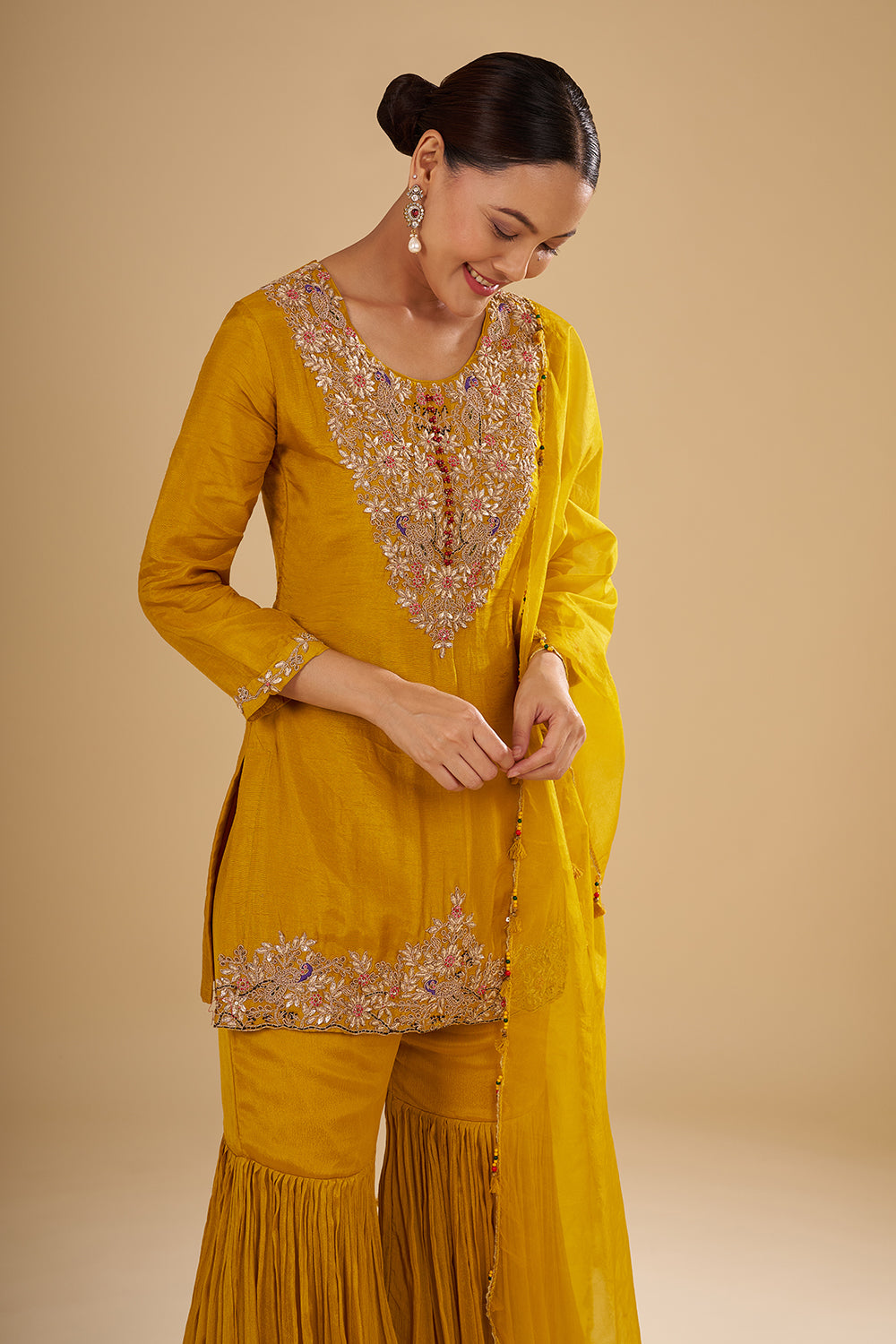 Mustard Yellow Pure Raw Silk Short Kurta Set with Resham, Gota Patti and Zardosi Hand Work