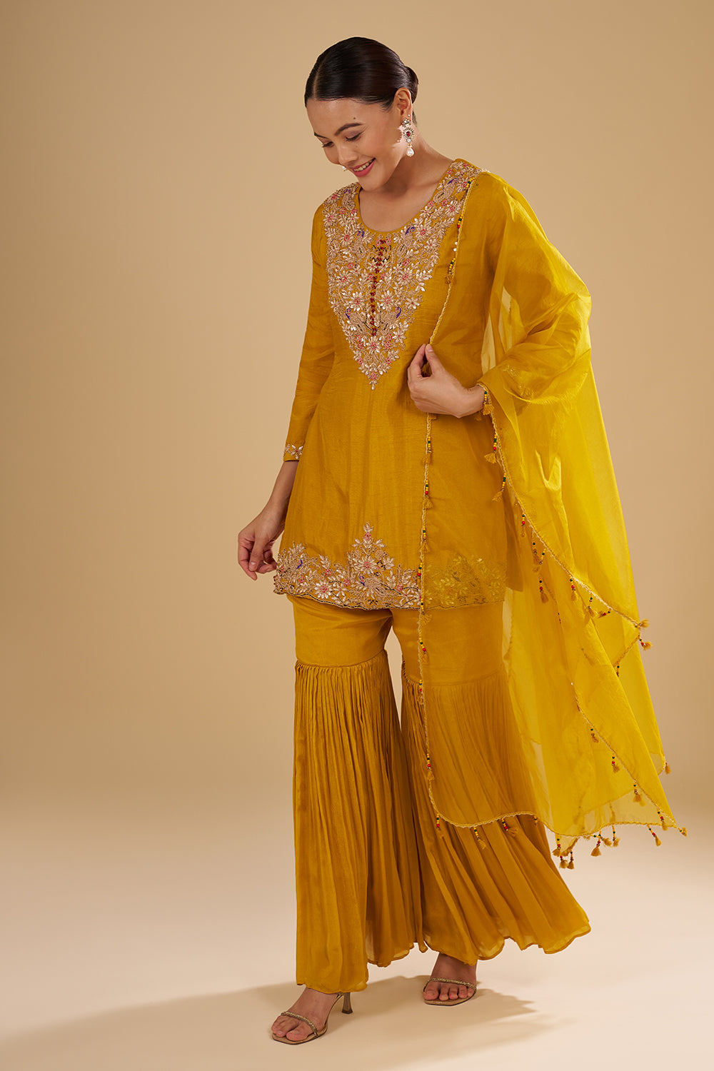 Mustard Yellow Pure Raw Silk Short Kurta Set with Resham, Gota Patti and Zardosi Hand Work