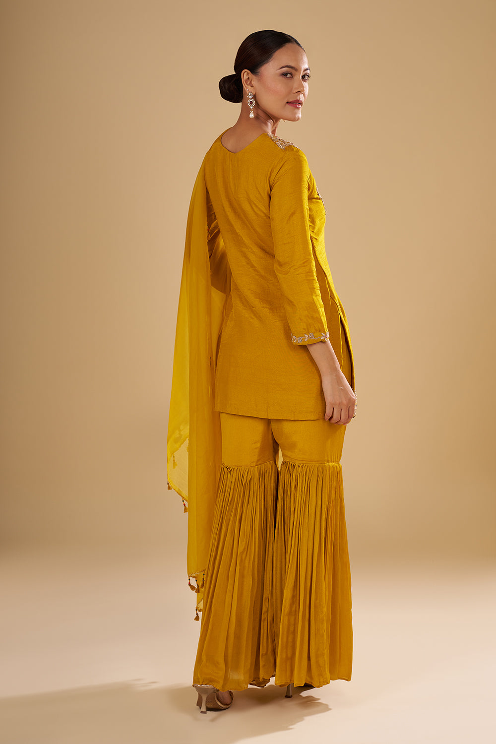 Mustard Yellow Pure Raw Silk Short Kurta Set with Resham, Gota Patti and Zardosi Hand Work