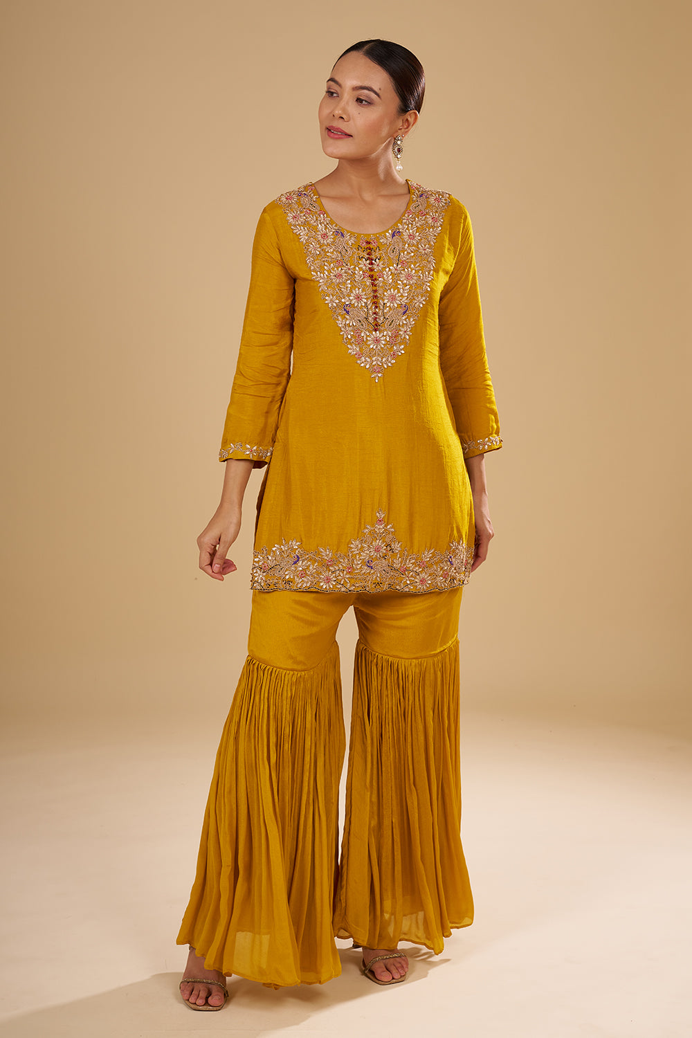 Mustard Yellow Pure Raw Silk Short Kurta Set with Resham, Gota Patti and Zardosi Hand Work