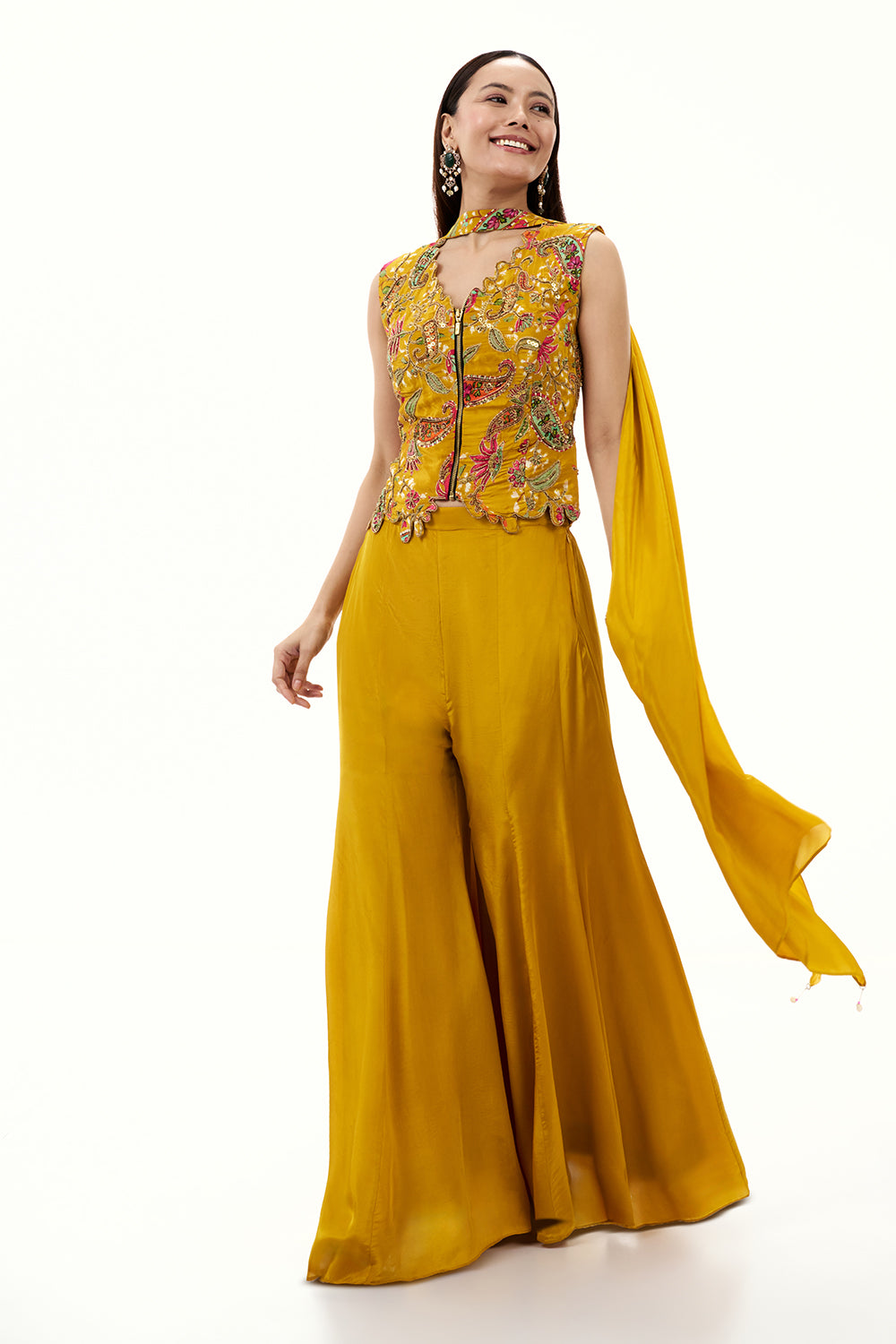 Mustard Yellow Satin Crepe Palazzo Suit with Sequin and Zari Work
