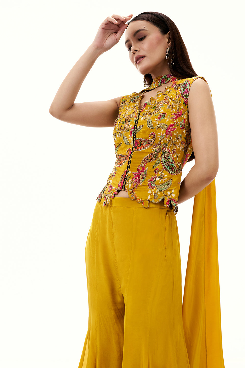 Mustard Yellow Satin Crepe Palazzo Suit with Sequin and Zari Work