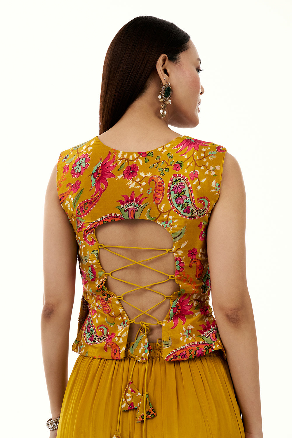 Mustard Yellow Satin Crepe Palazzo Suit with Sequin and Zari Work