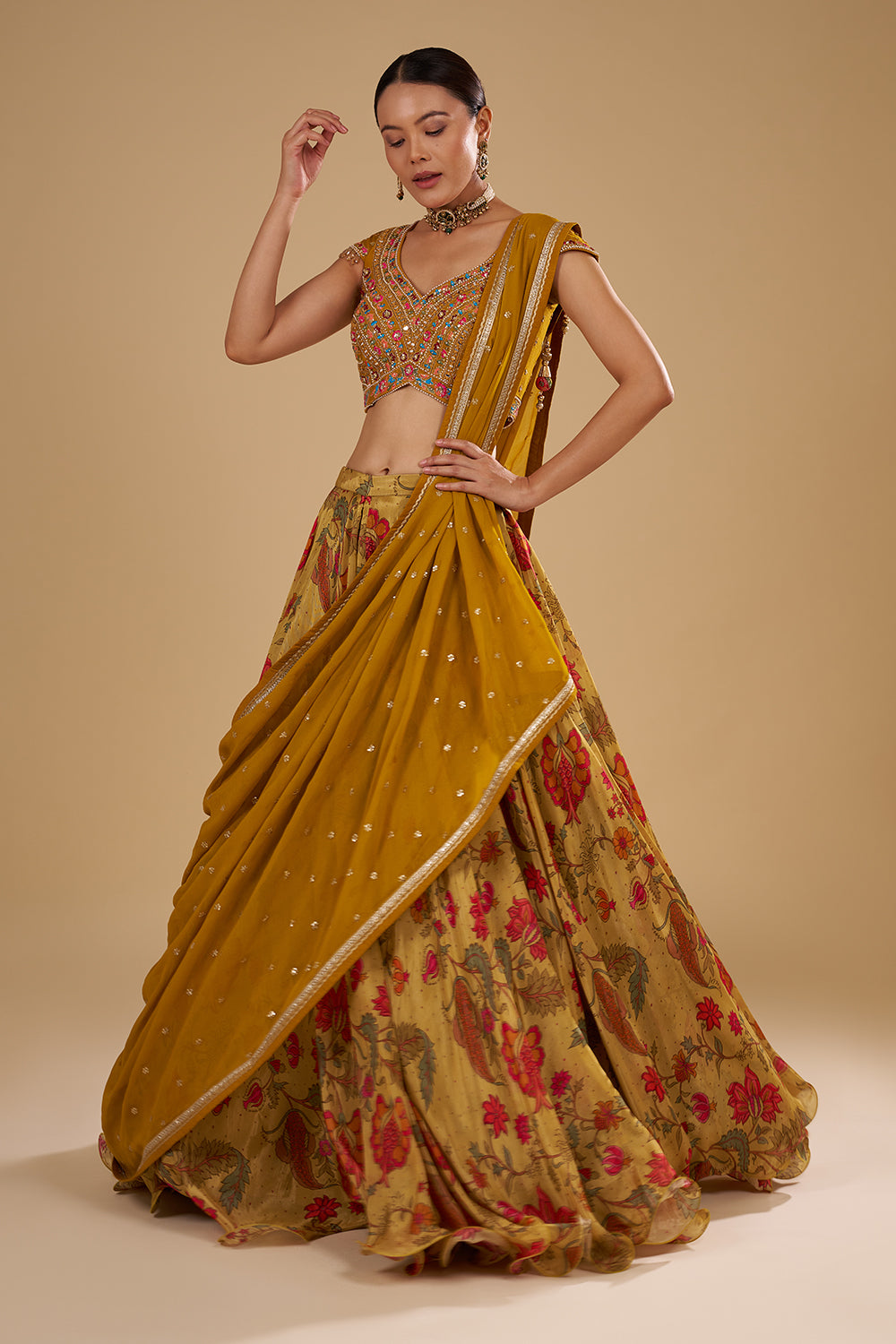 Mustard Yellow Satin Organza Lehenga Set with Resham Work