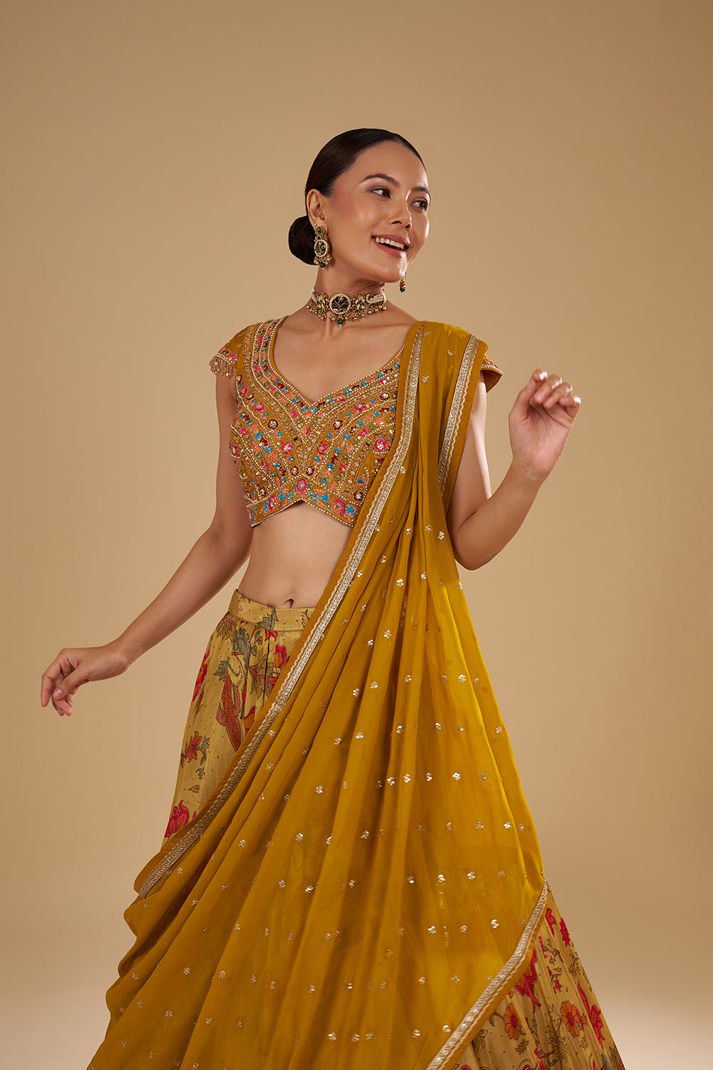 Mustard Yellow Satin Organza Lehenga Set with Resham Work