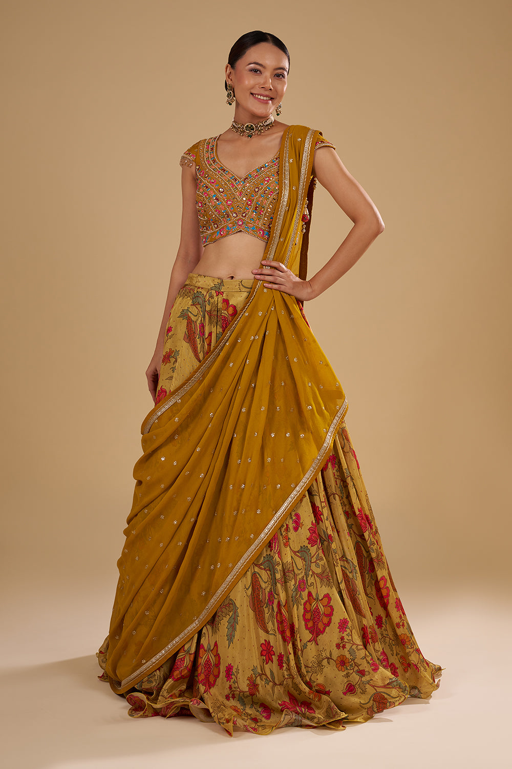 Mustard Yellow Satin Organza Lehenga Set with Resham Work