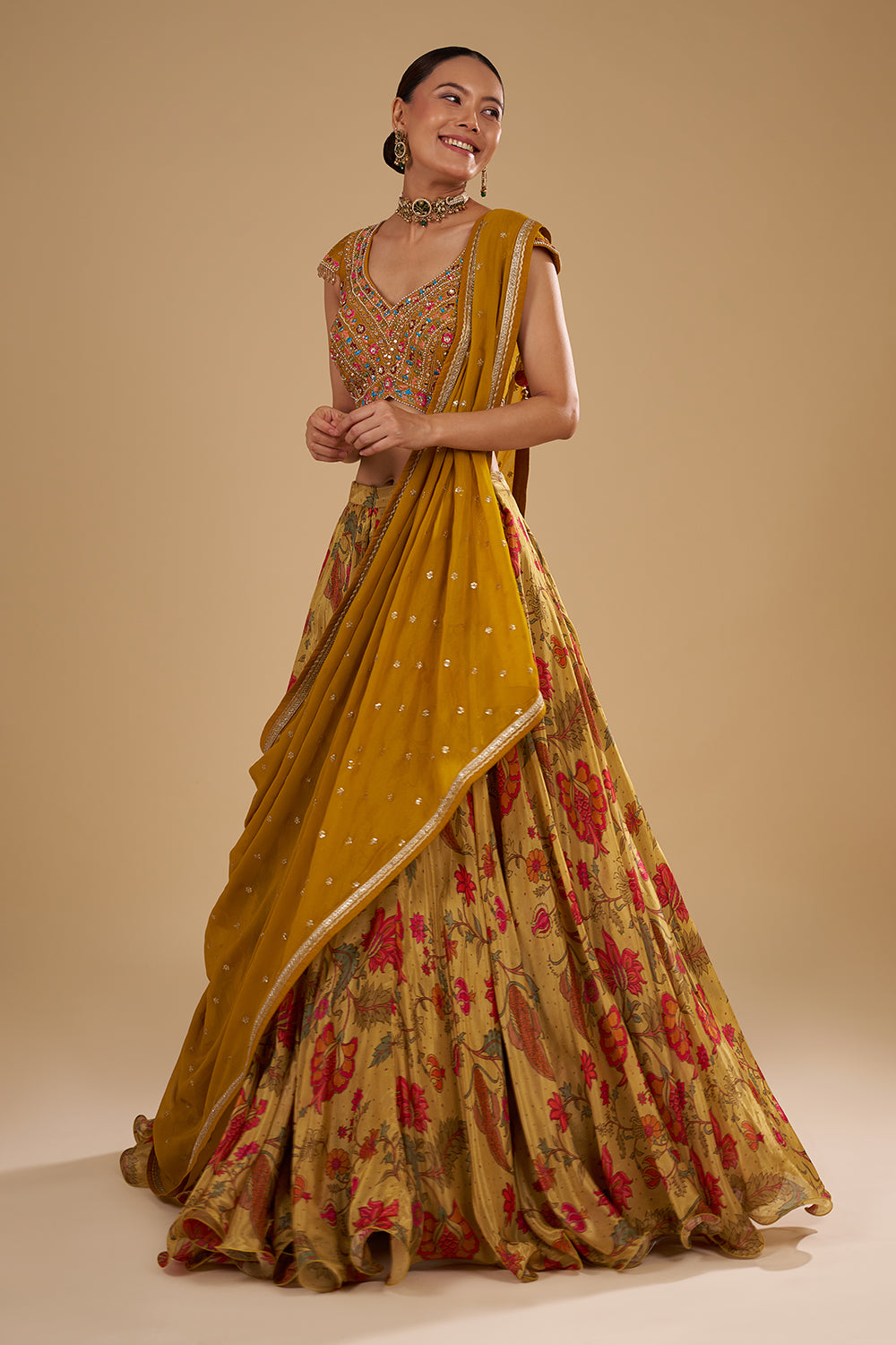 Mustard Yellow Satin Organza Lehenga Set with Resham Work