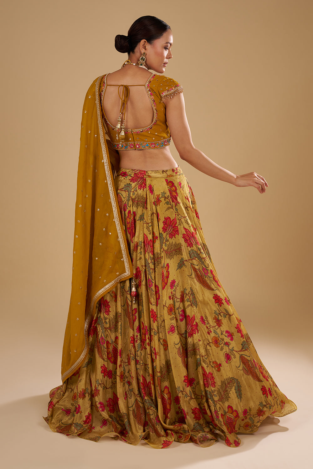 Mustard Yellow Satin Organza Lehenga Set with Resham Work