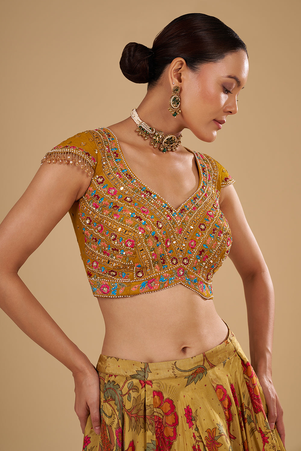 Mustard Yellow Satin Organza Lehenga Set with Resham Work