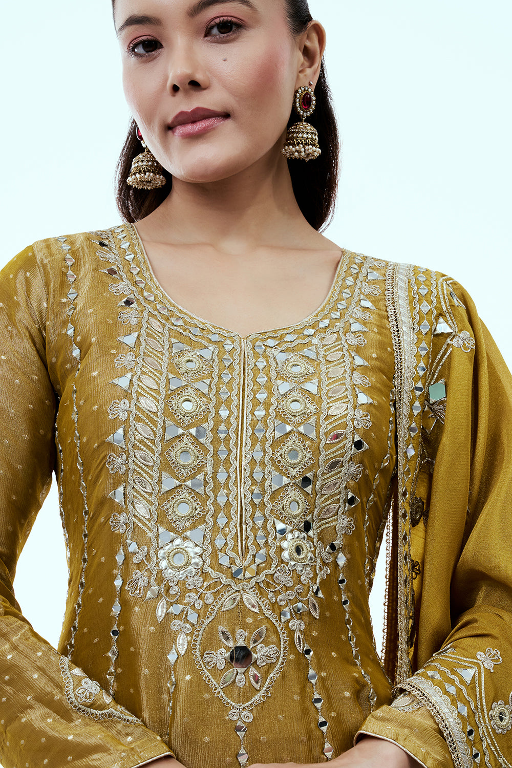 Mustard Yellow Shimmer Tissue Palazzo Suit with Dori Gota and Mirror Work