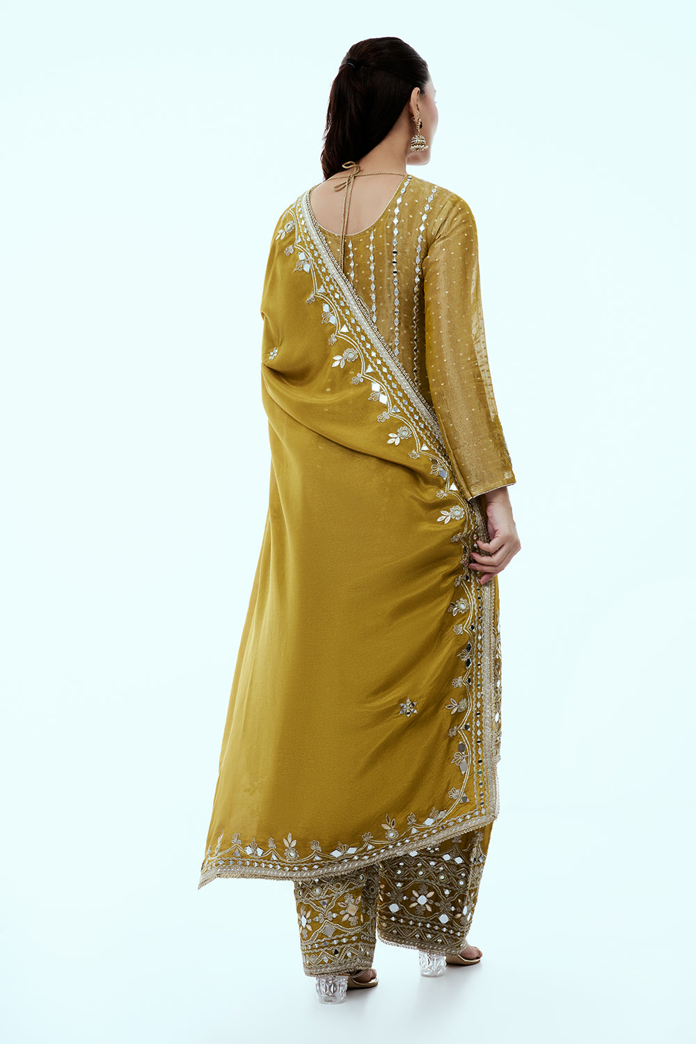 Mustard Yellow Shimmer Tissue Palazzo Suit with Dori Gota and Mirror Work