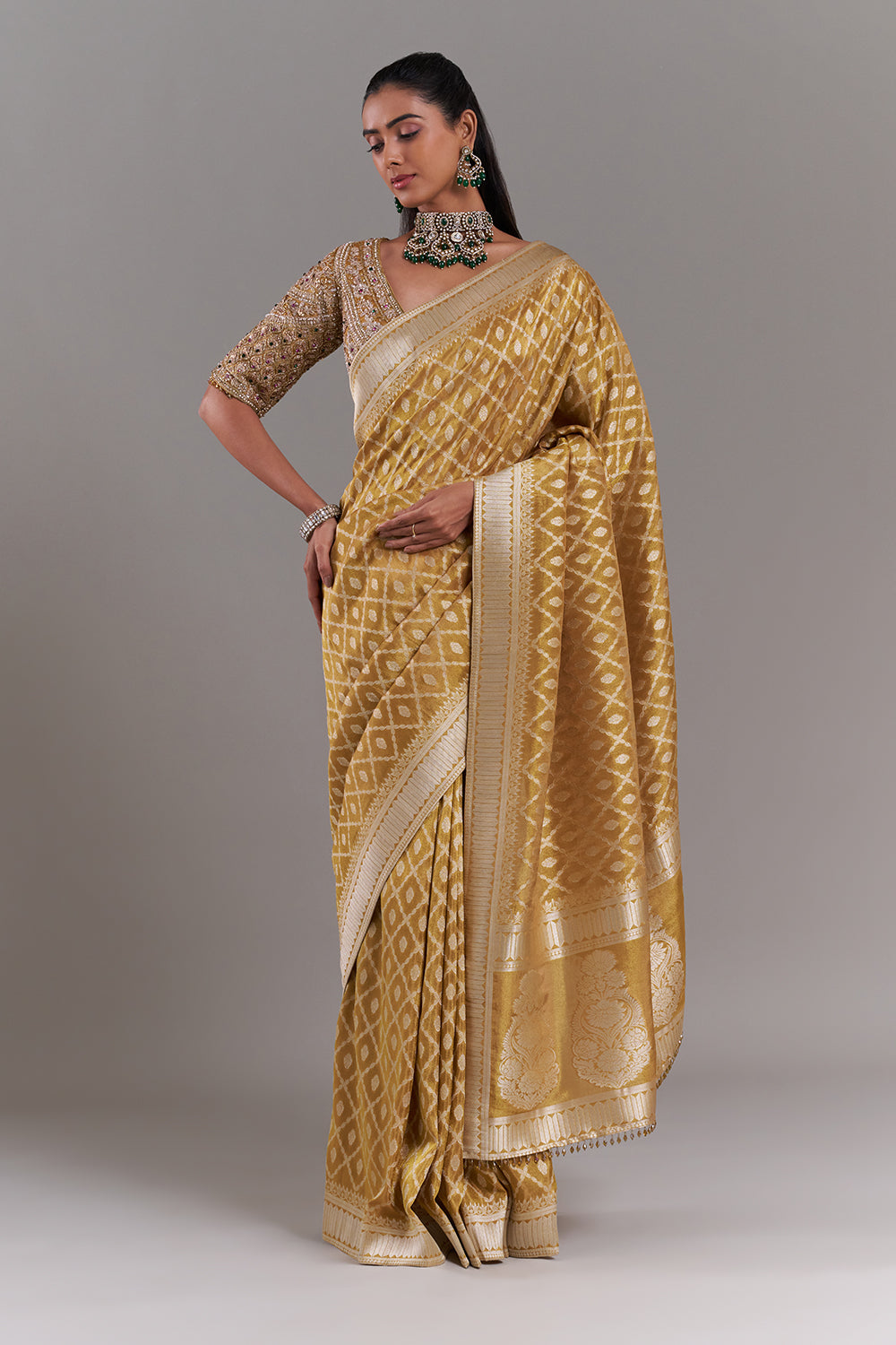 Mustard Yellow Shimmer Tissue Saree with Stitched Blouse
