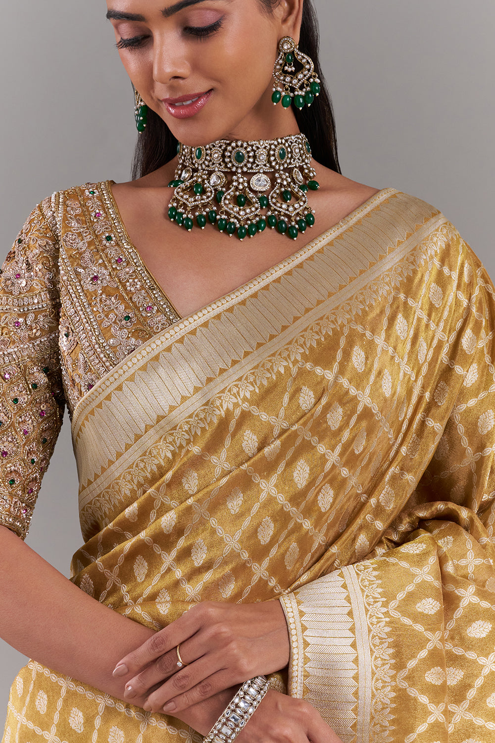 Mustard Yellow Shimmer Tissue Saree with Stitched Blouse