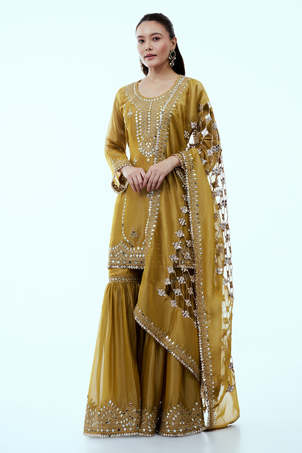Mustard Yellow Shimmer Tissue Sharara Suit with Dori and Mirror Work
