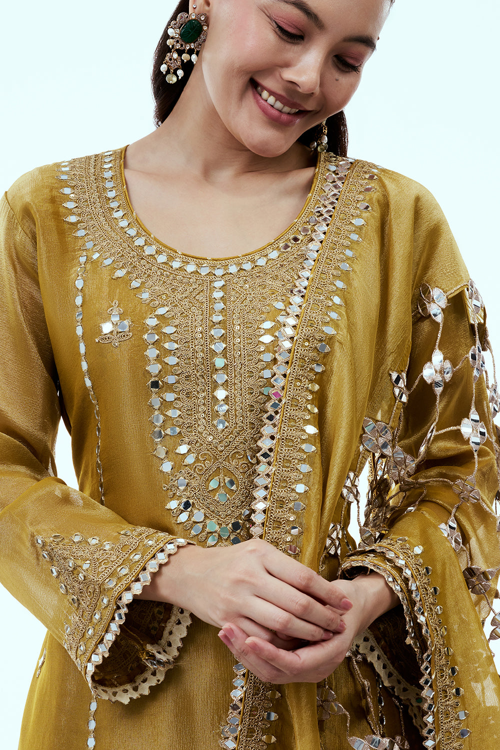 Mustard Yellow Shimmer Tissue Sharara Suit with Dori and Mirror Work