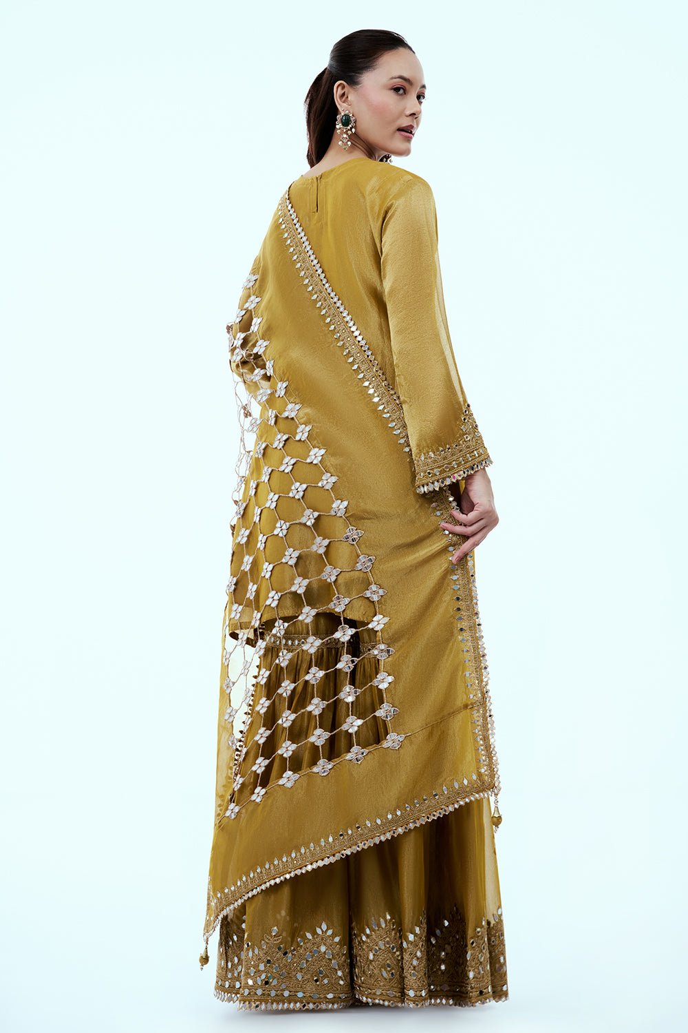 Mustard Yellow Shimmer Tissue Sharara Suit with Dori and Mirror Work