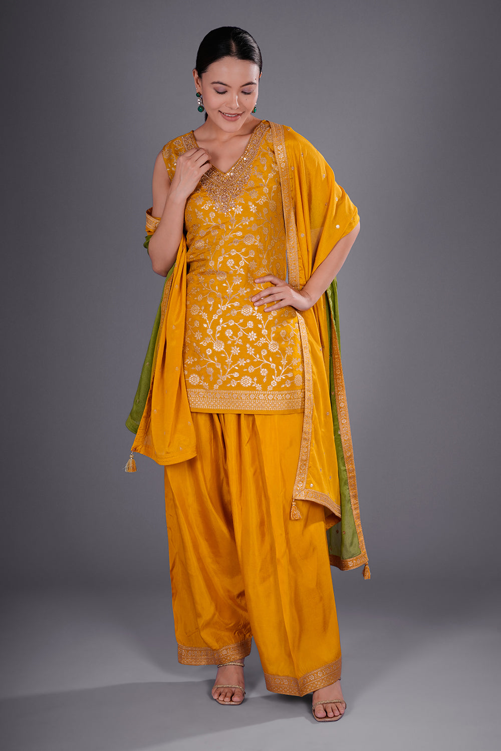 Mustard Yellow Shimmer Zari Brocade Short Kurta Set with Zari Bead Embroidery
