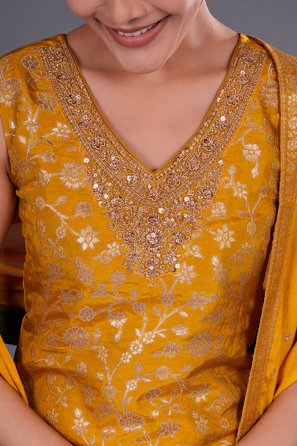 Mustard Yellow Shimmer Zari Brocade Short Kurta Set with Zari Bead Embroidery