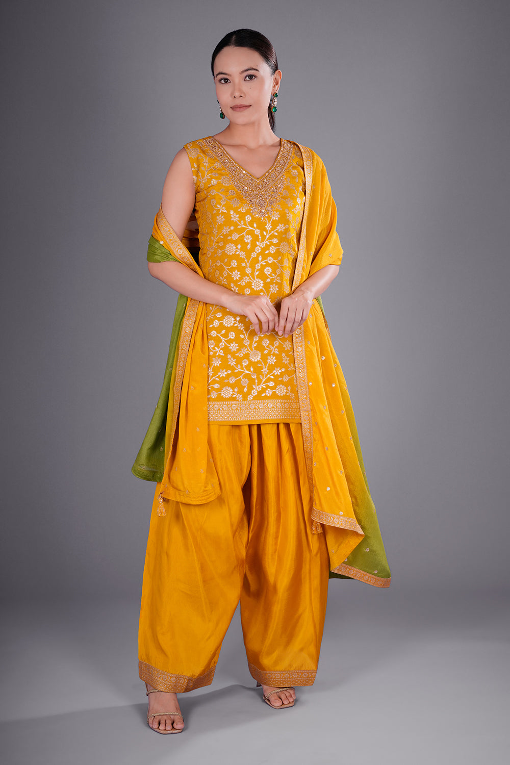 Mustard Yellow Shimmer Zari Brocade Short Kurta Set with Zari Bead Embroidery