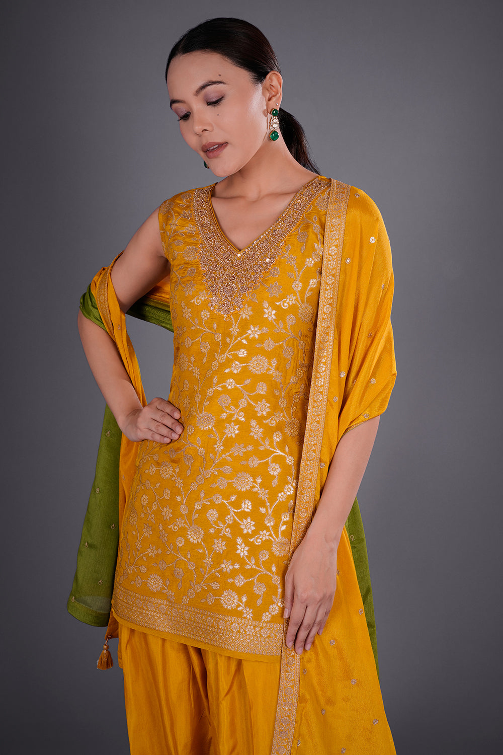 Mustard Yellow Shimmer Zari Brocade Short Kurta Set with Zari Bead Embroidery