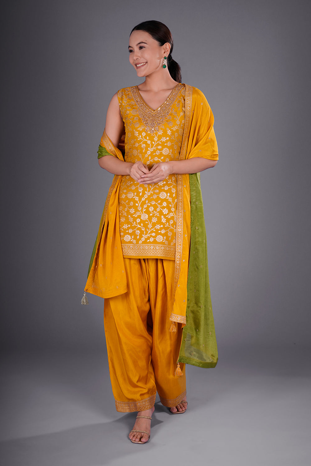 Mustard Yellow Shimmer Zari Brocade Short Kurta Set with Zari Bead Embroidery