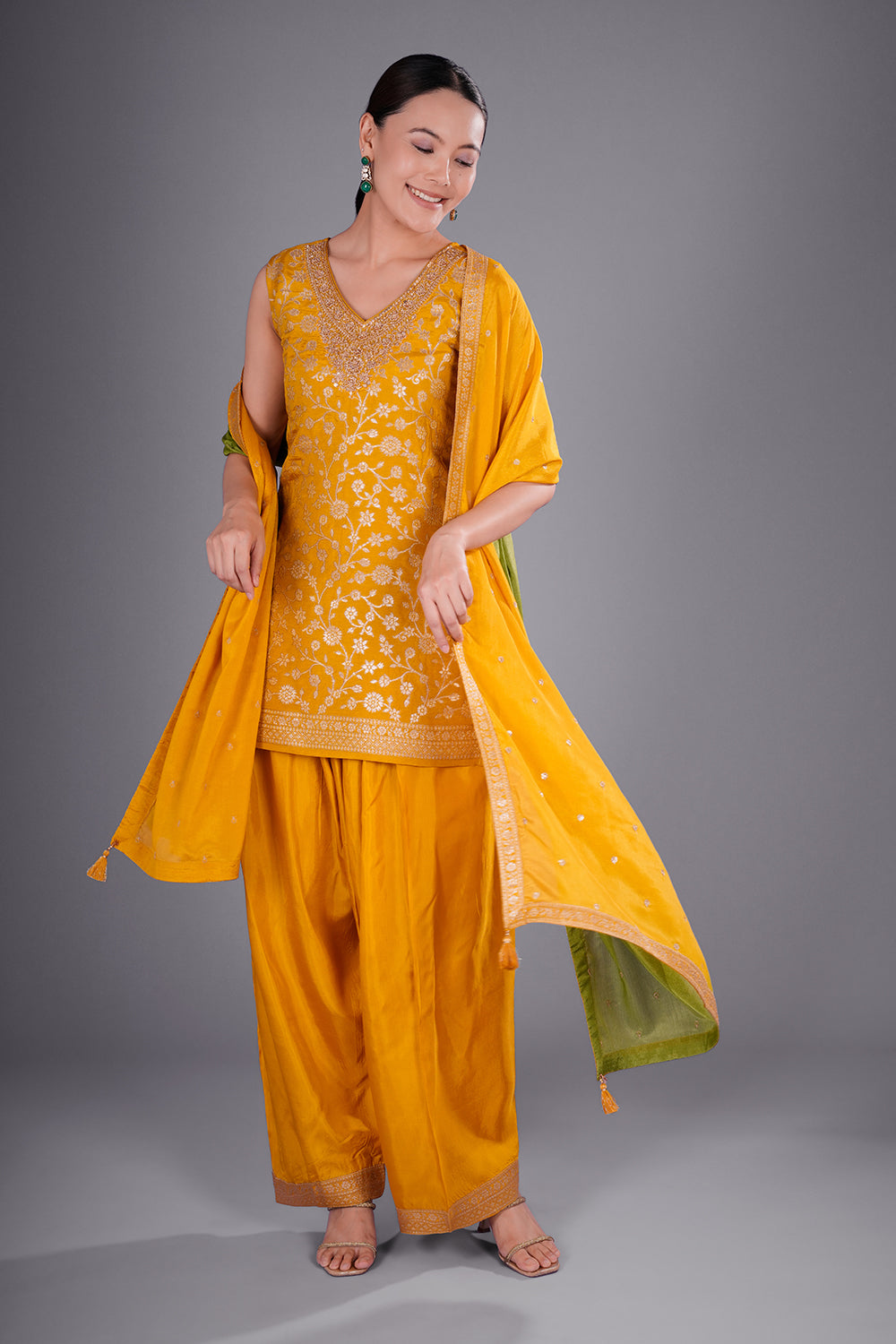 Mustard Yellow Shimmer Zari Brocade Short Kurta Set with Zari Bead Embroidery