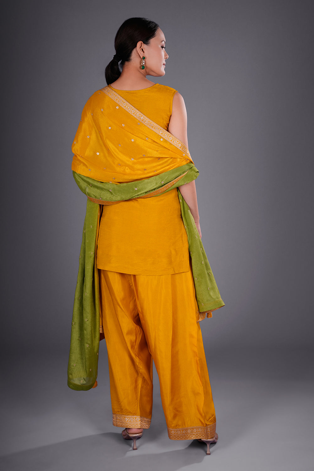 Mustard Yellow Shimmer Zari Brocade Short Kurta Set with Zari Bead Embroidery