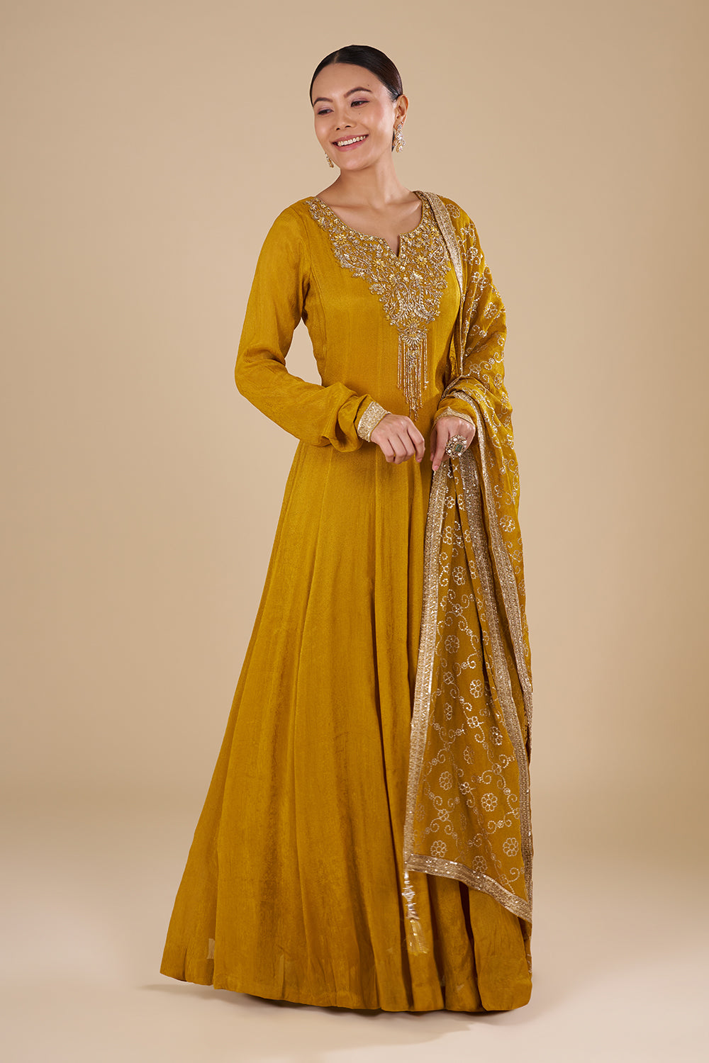 Mustard Yellow Silk Blend Anarkali Set