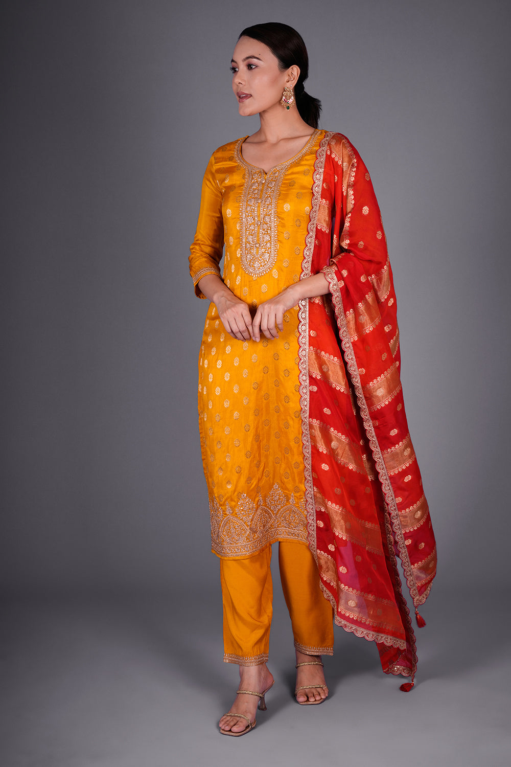 Mustard Yellow Silk Blend Kurta Set with Zari Buti Embroidery