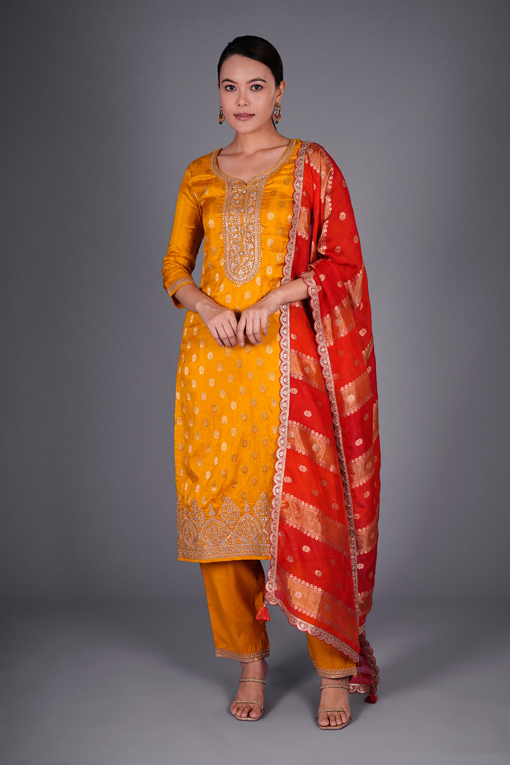 Mustard Yellow Silk Blend Kurta Set with Zari Buti Embroidery