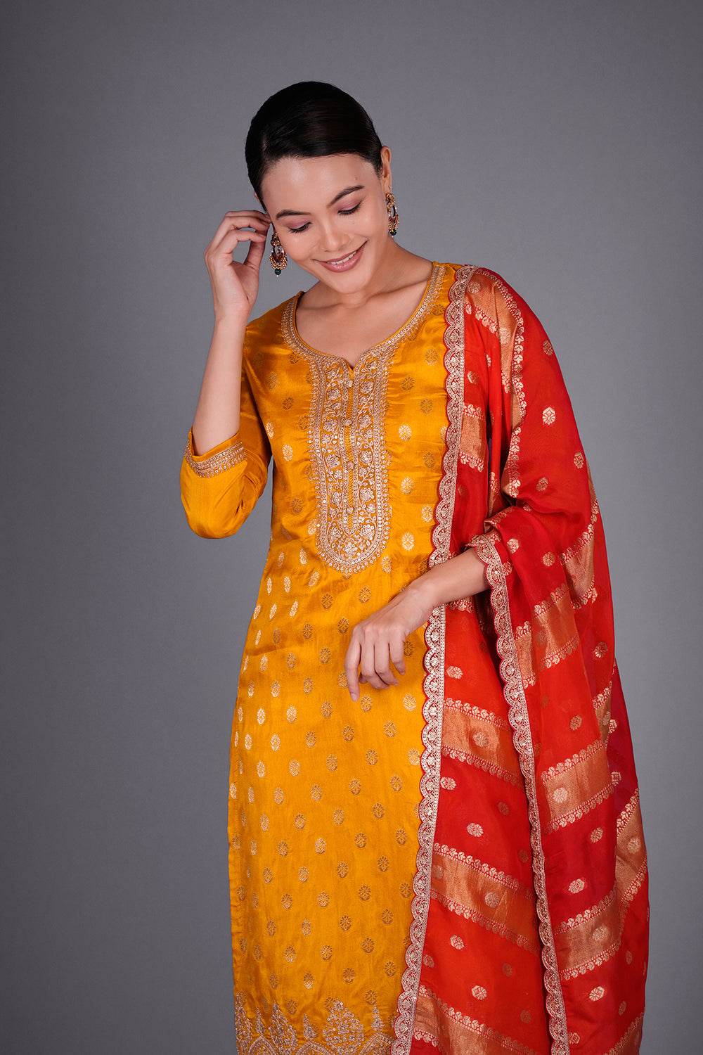 Mustard Yellow Silk Blend Kurta Set with Zari Buti Embroidery