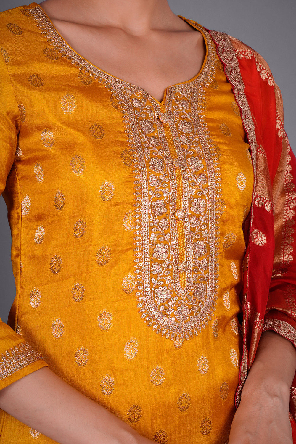 Mustard Yellow Silk Blend Kurta Set with Zari Buti Embroidery