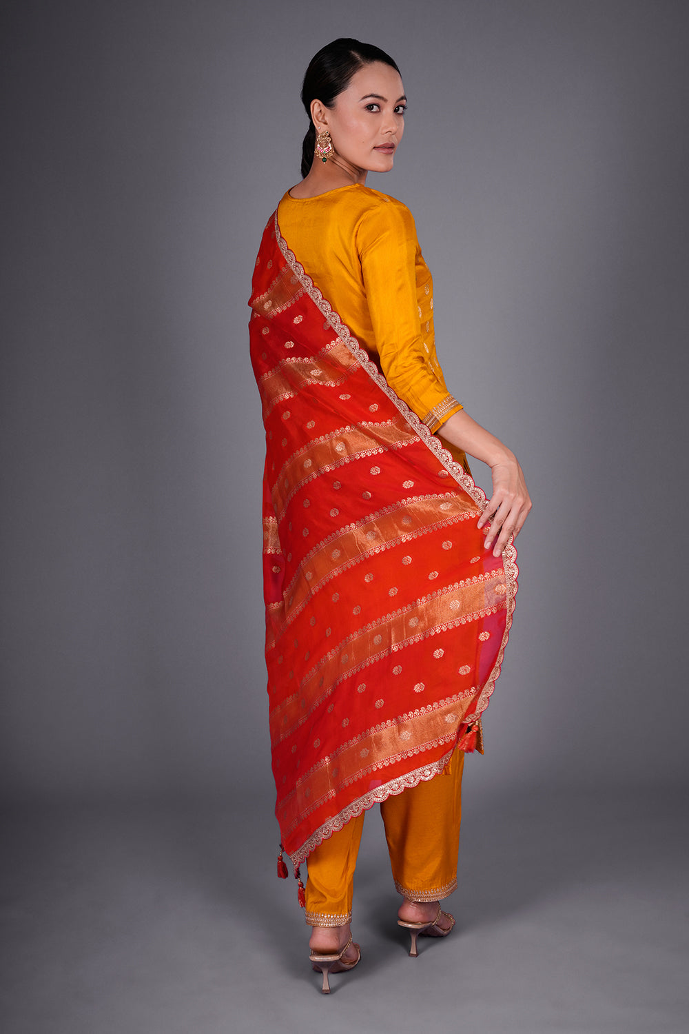 Mustard Yellow Silk Blend Kurta Set with Zari Buti Embroidery
