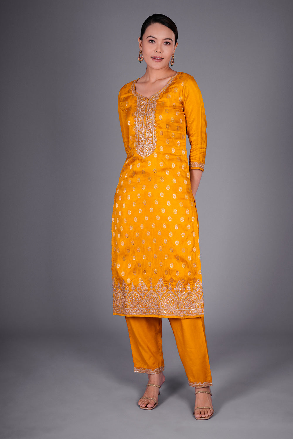 Mustard Yellow Silk Blend Kurta Set with Zari Buti Embroidery
