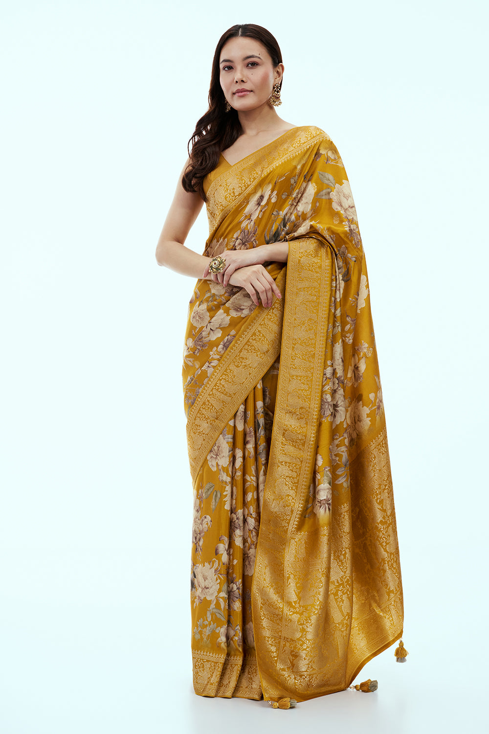 Mustard Yellow Silk Printed Saree with Floral Motifs