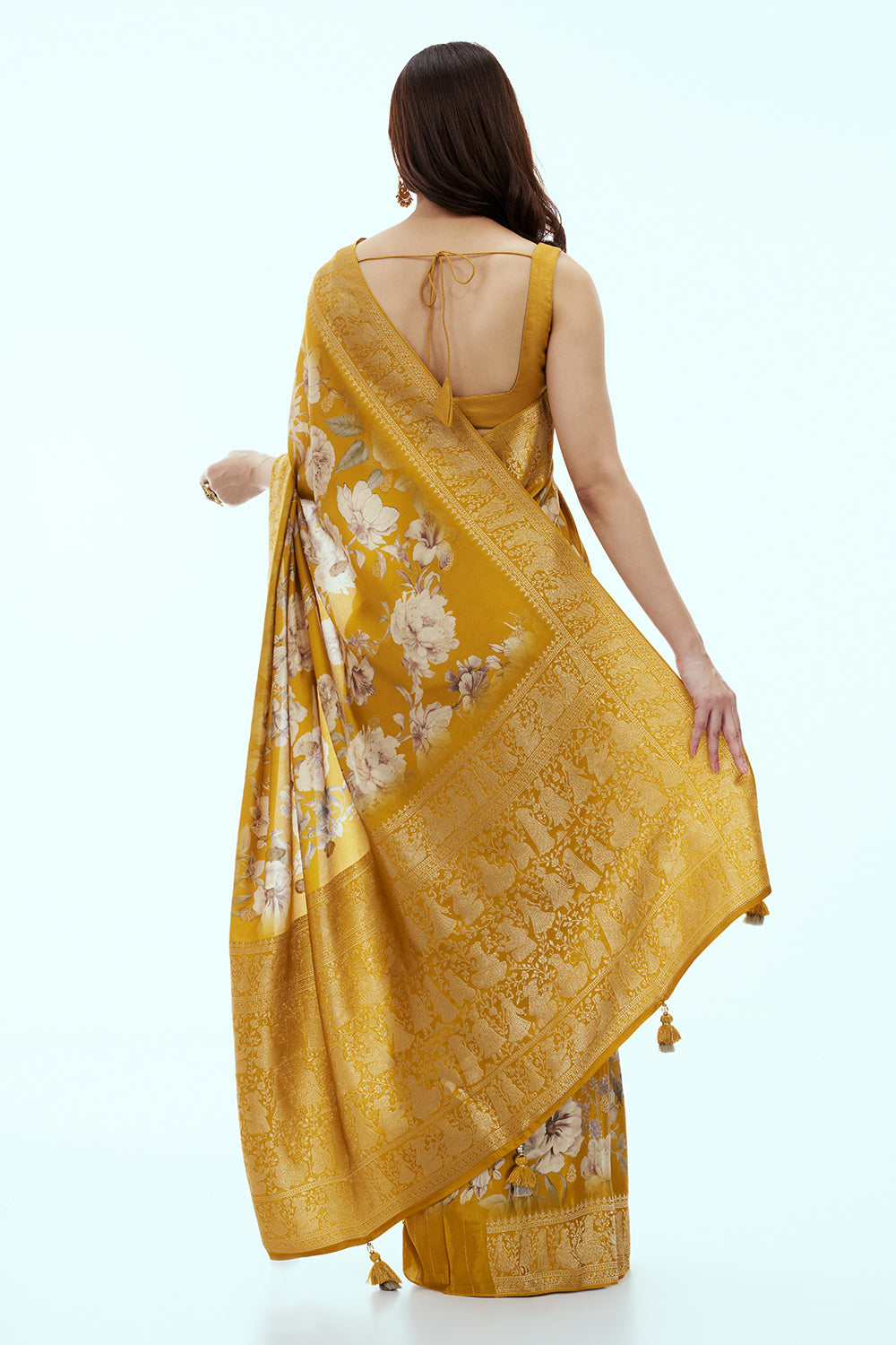 Mustard Yellow Silk Printed Saree with Floral Motifs