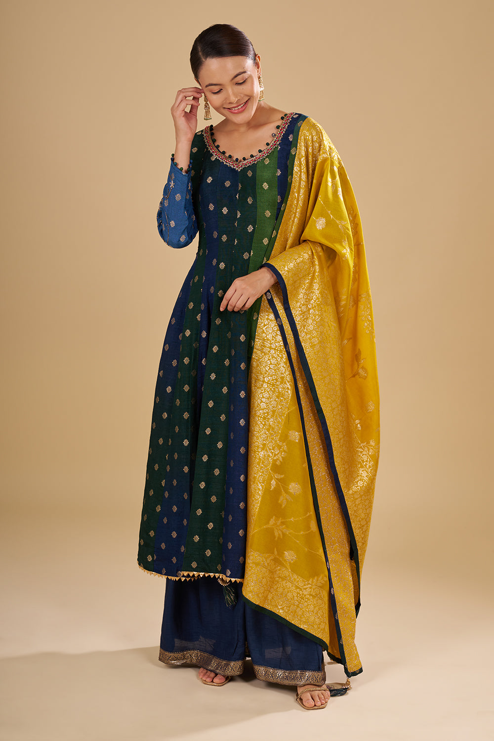 Navy And Green Panelled Kurta Set with Embellished Neckline