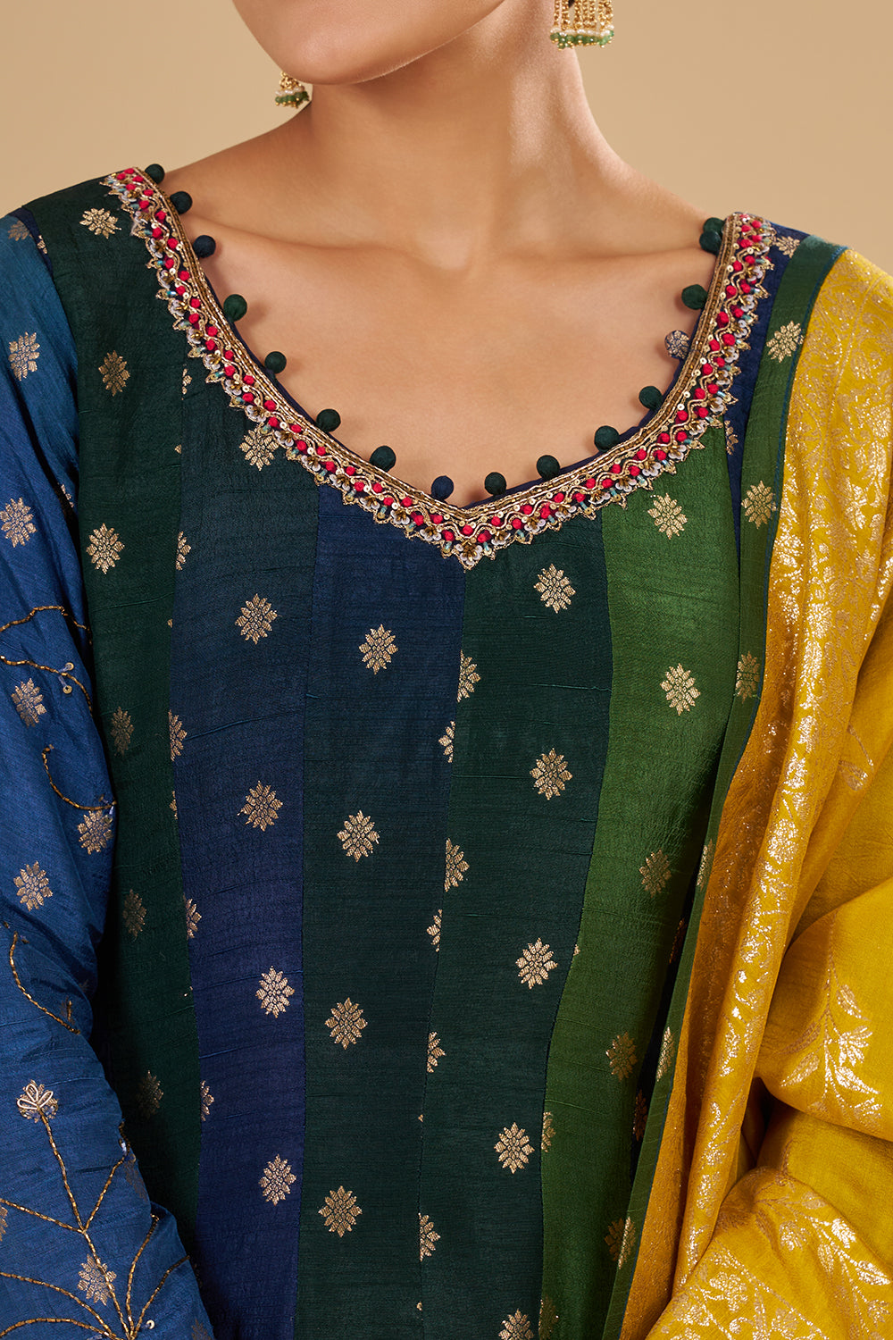 Navy And Green Panelled Kurta Set with Embellished Neckline