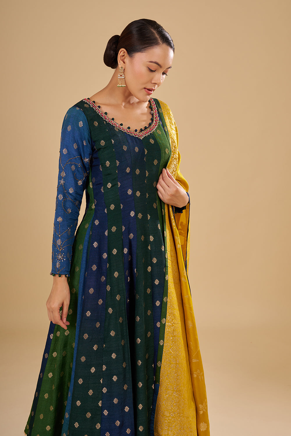 Navy And Green Panelled Kurta Set with Embellished Neckline