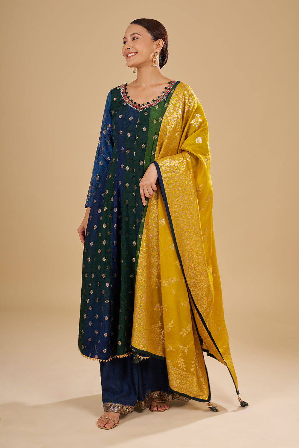 Navy And Green Panelled Kurta Set with Embellished Neckline