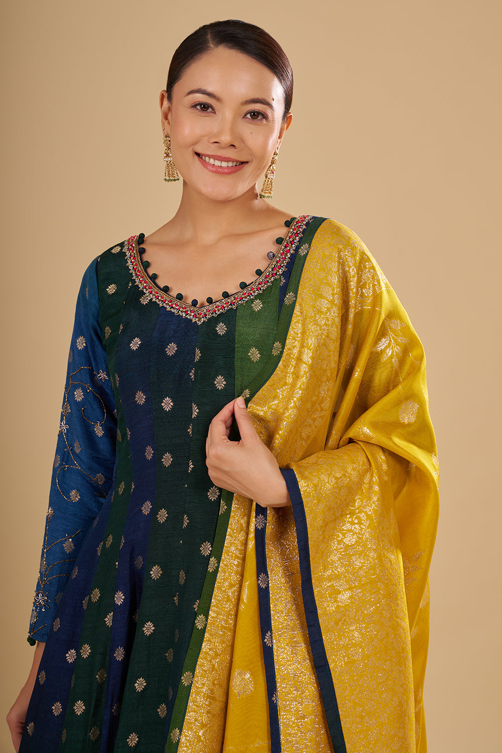 Navy And Green Panelled Kurta Set with Embellished Neckline