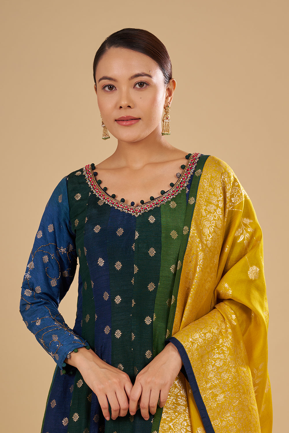 Navy And Green Panelled Kurta Set with Embellished Neckline